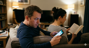 Man checking secret messages on his phone while his wife reads a book next to him on the couch.