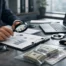 Investigator examines financial documents with a magnifying glass; cash, handcuffs, and a laptop on the desk.