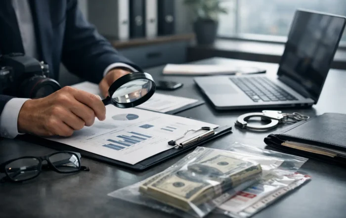Investigator examines financial documents with a magnifying glass; cash, handcuffs, and a laptop on the desk.