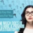 Video thumbnail with a woman in glasses on a blue background; text reads: 'How much does it cost to hire a private investigator?' and 'Andy Kay Has Answers For You'.