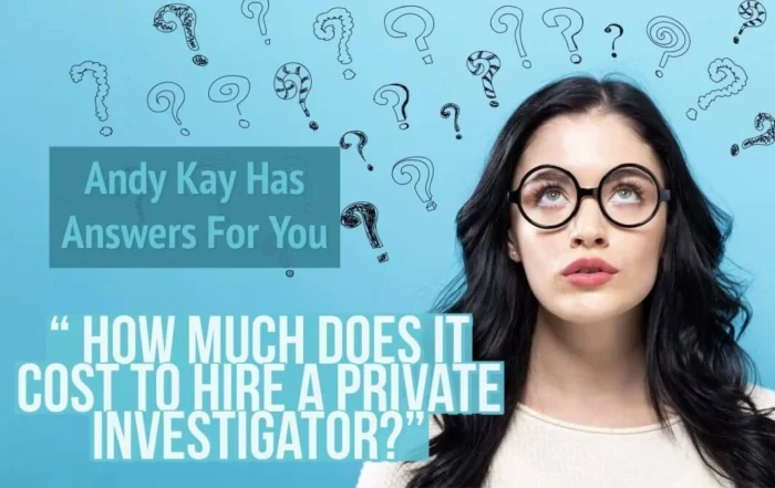 9DE91170-556A-4D86-B0D4-76AE6C0E8C38-1080x675 - Kay And Associates Investigations Video thumbnail with a woman in glasses on a blue background; text reads: 'How much does it cost to hire a private investigator?' and 'Andy Kay Has Answers For You'.