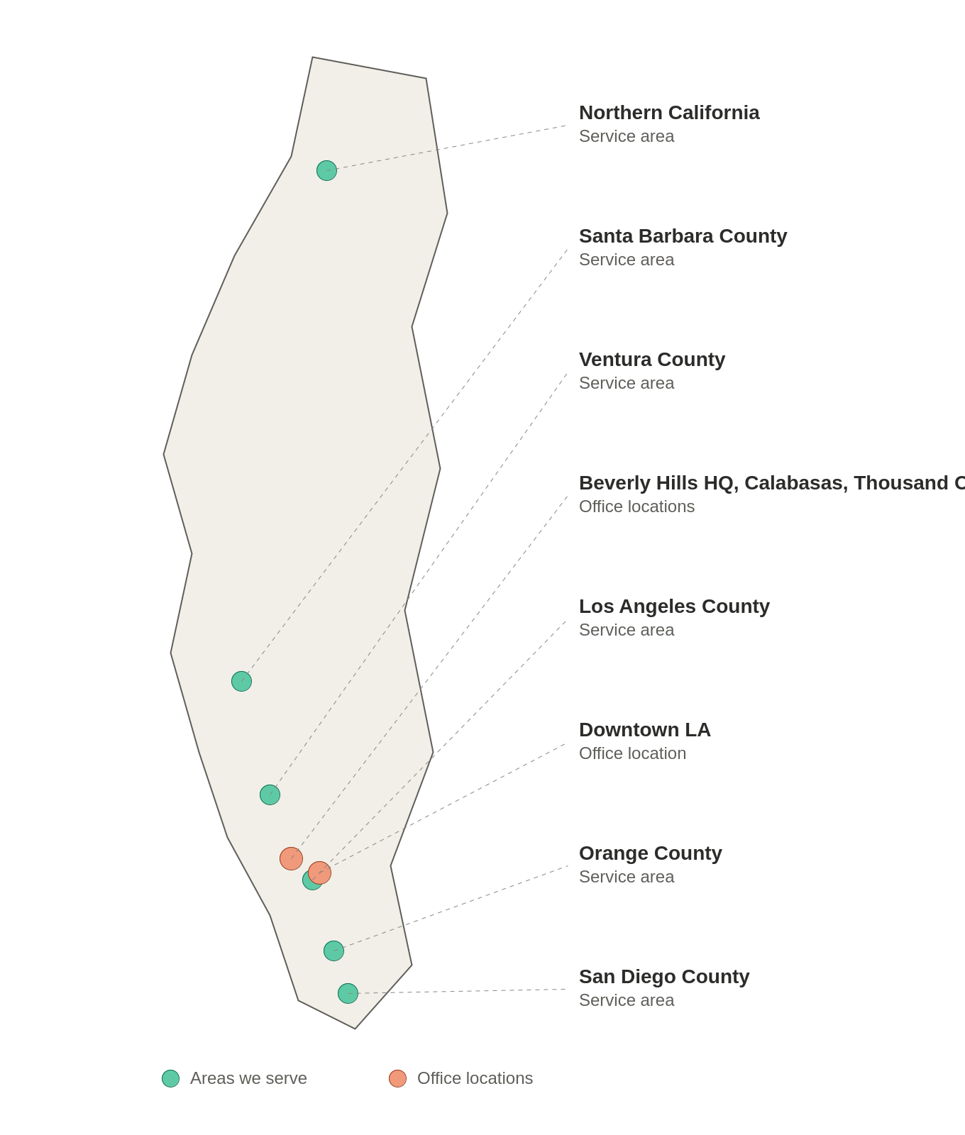 california-coverage-map-2x - Kay And Associates Investigations California coverage map of Kay and Associates Investigations areas where they provide investigation services.