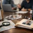 Investigation desk scene with a map, magnifying glass, scattered photos, and a handheld radio on a wooden table.