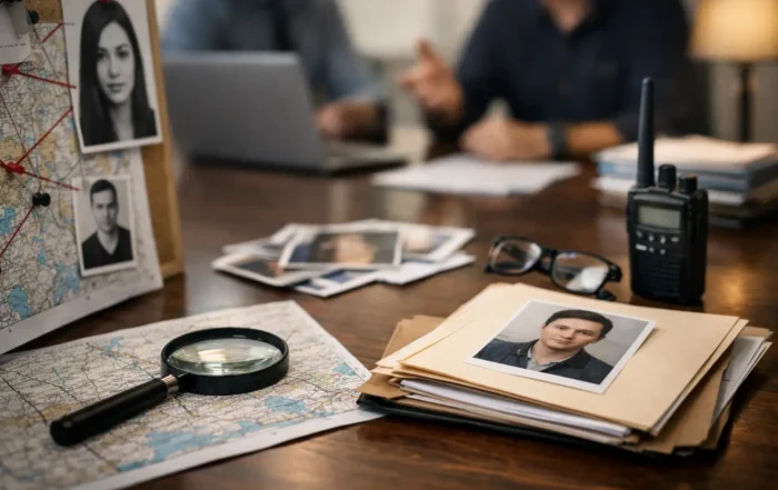 Investigation desk scene with a map, magnifying glass, scattered photos, and a handheld radio on a wooden table.