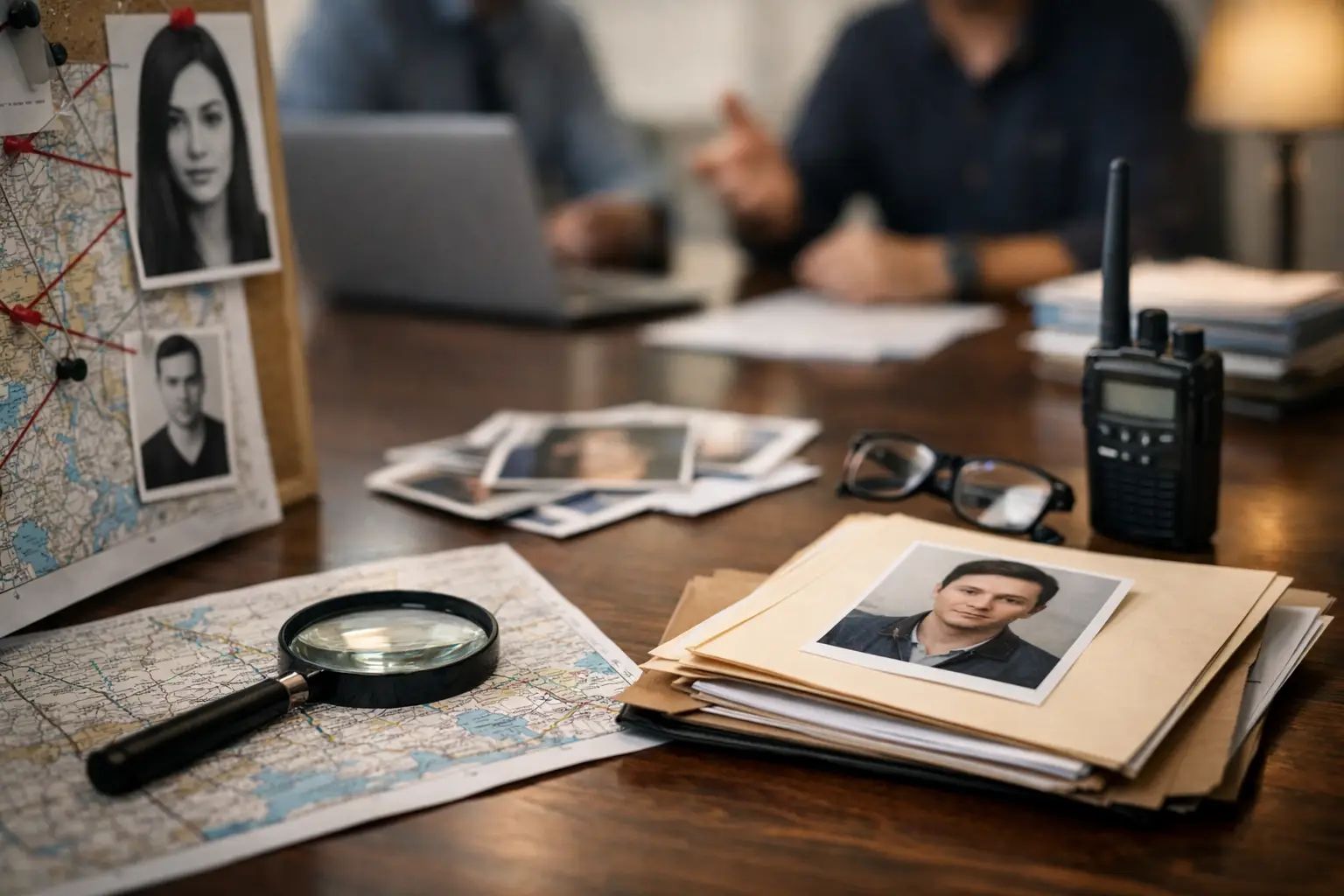 Investigation desk scene with a map, magnifying glass, scattered photos, and a handheld radio on a wooden table.